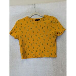 Forever 21 Women's Size M Cactus Print Waffle Knit Crop Top Mustard Yellow Tee